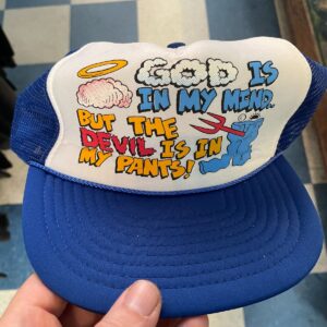 NISSIN FUNNY! 1980S SNAPBACK MESH CAP GOD IS IN MY MIND, DEVIL IN MY PANTS! in BLUE, WHITE
