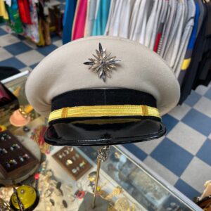 #BURNINGMAN! FORMAL MILITARY CAPTAINS HAT, ADDED STARBURST RHINESTONE EMBELLISHMENT in BEIGE, BLACK