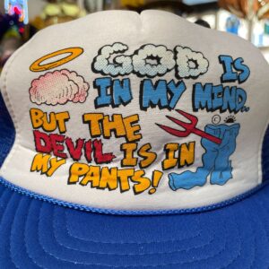 NISSIN FUNNY! 1980S SNAPBACK MESH CAP GOD IS IN MY MIND, DEVIL IN MY PANTS! in BLUE, WHITE
