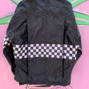 TMC RACE WEAR SATIN CHECKERED RACING JACKET W/ SUEDE LEATHER SHOULDER PATCH in BLACK, WHITE