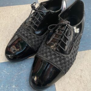 PERRY ELLIS AS-IS BLACK PATENT LEATHER AND WOVEN CHECKERED LACE-UP SHOES in BLACK