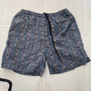 PACIFIC SCENE 1990S FUNKY PRINT DRAWSTRING NYLON SWIM SHORTS W/ MESH INNER LINING in BLUE, BLACK, BROWN