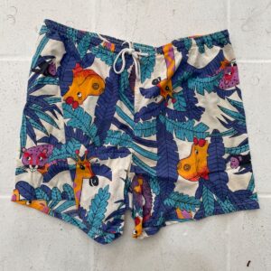 OVERBOARD *AS-IS* AMAZING! 1980S-90S ANIMAL PRINT BRUSHED COTTON BEACH SHORTS DRAWSTRING WAIST in BLUE, ORANGE, PURPLE