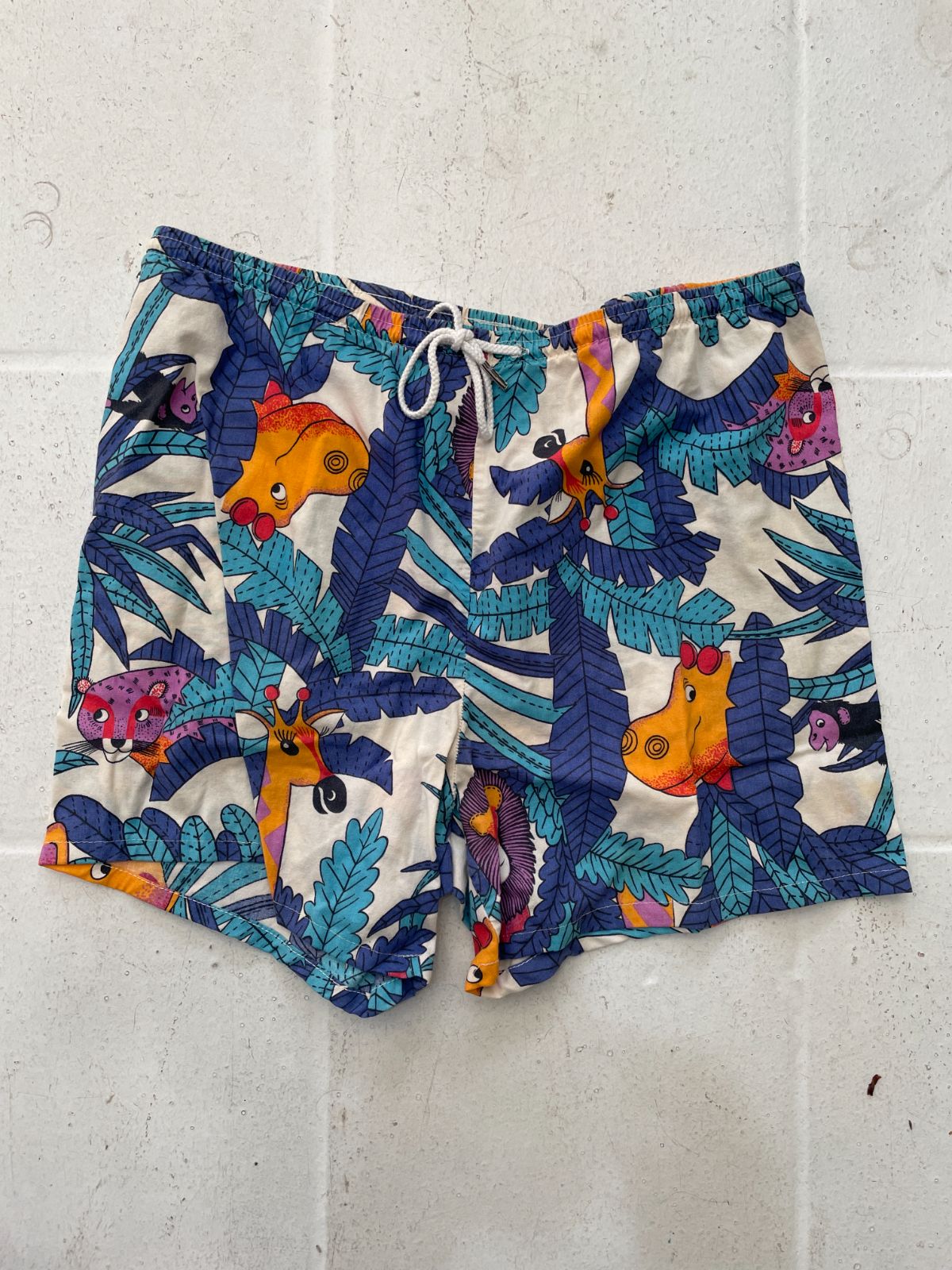OVERBOARD *AS-IS* AMAZING! 1980S-90S ANIMAL PRINT BRUSHED COTTON BEACH SHORTS DRAWSTRING WAIST in BLUE, ORANGE, PURPLE