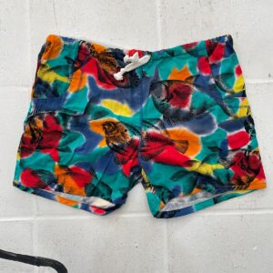 NEWPORT BLUE AWESOME! 1990S COLORFUL FISH PRINT SWIM TRUNKS WITH POCKETS, DRAWSTRING & INNER LINING in TEAL, RED, YELLOW