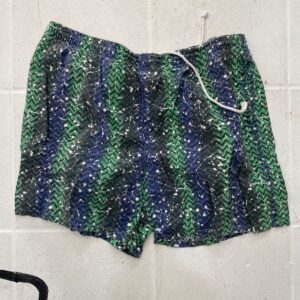 CAMPUS *AS-IS* 1980S-90S 100% COTTON FUNKY ZIGZAG & SPLATTER PRINT BEACH SHORTS in GREEN, BLUE, BLACK
