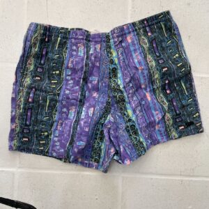 SPEEDO *AS-IS* 1980S-90S 100% COTTON FUNKY NEON PRINT SWIM TRUNKS in PURPLE, BLACK, BLUE