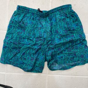 CB SPORT 1980S-90S FUNKY TRIBAL PRINT SWIM TRUNKS W/ MESH INNER LINING in BLUE, GREEN, TEAL