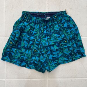 SPEEDO NWT 1990S DEADSTOCK GEOMETRIC PRINT SWIM TRUNKS W/ MESH INNER LINING in BLUE, GREEN, TEAL