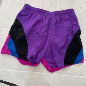 NEWPORT BLUE LOVE! 1990S COLORBLOCK SWIM SHORTS SHEER INNER LINING in PURPLE, BLACK, BLUE
