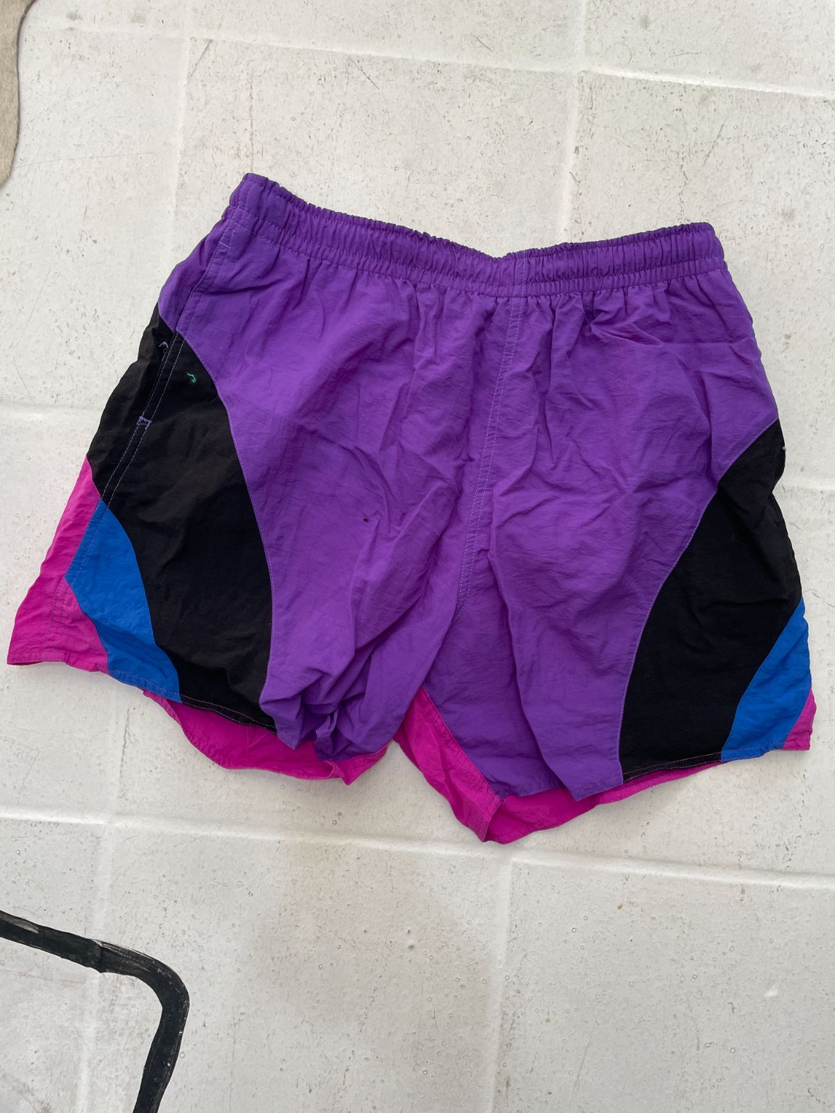 NEWPORT BLUE LOVE! 1990S COLORBLOCK SWIM SHORTS SHEER INNER LINING in PURPLE, BLACK, BLUE