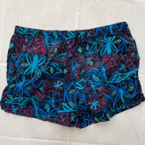 SPEEDO 1980S-90S FUNKY FLORAL PRINT SWIM TRUNKS PRINT, DRAWSTRING WAIST in BLUE, RED, GREEN
