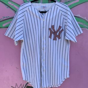 ALADEN MLB NEW YORK YANKEES #3 BABE RUTH PINSTRIPE BUTTON UP BASEBALL JERSEY in WHITE, BLUE
