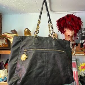 FENDI 1990S SOFT LEATHER SHOULDER BAG, DOUBLE CHAIN STRAP, ENAMELED MONOGRAM LOGO CHARM in BLACK, GOLD
