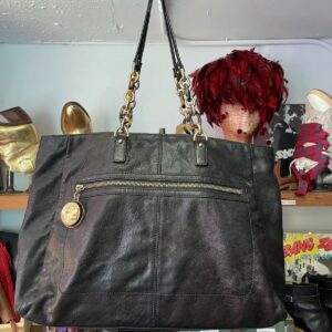 FENDI 1990S SOFT LEATHER SHOULDER BAG, DOUBLE CHAIN STRAP, ENAMELED MONOGRAM LOGO CHARM in BLACK, GOLD