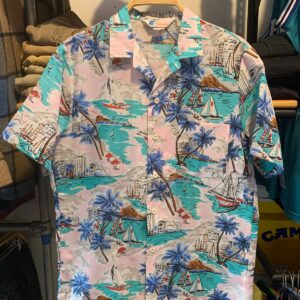 ISLANDER 1980S NYLON PASTEL WAIKIKI PRINT HAWAIIAN SHIRT in WHITE, PINK, BLUE