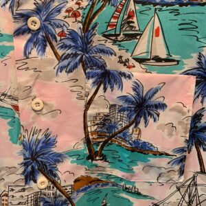 ISLANDER 1980S NYLON PASTEL WAIKIKI PRINT HAWAIIAN SHIRT in WHITE, PINK, BLUE