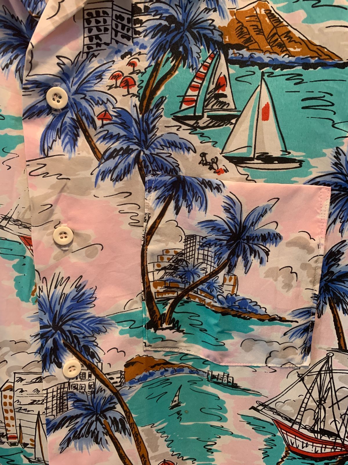 ISLANDER 1980S NYLON PASTEL WAIKIKI PRINT HAWAIIAN SHIRT in WHITE, PINK, BLUE