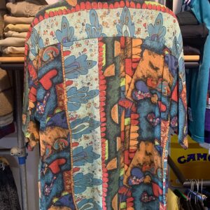 M.E. SPORT 1990S FUNKY PRINT SHORT SLEEVE BUTTON DOWN RAYON SHIRT in BLUE, ORNAGE