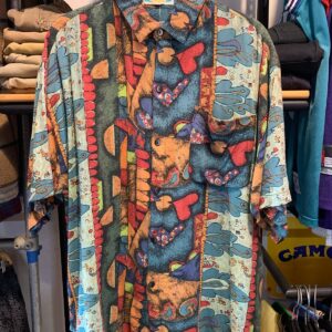 M.E. SPORT 1990S FUNKY PRINT SHORT SLEEVE BUTTON DOWN RAYON SHIRT in BLUE, ORNAGE