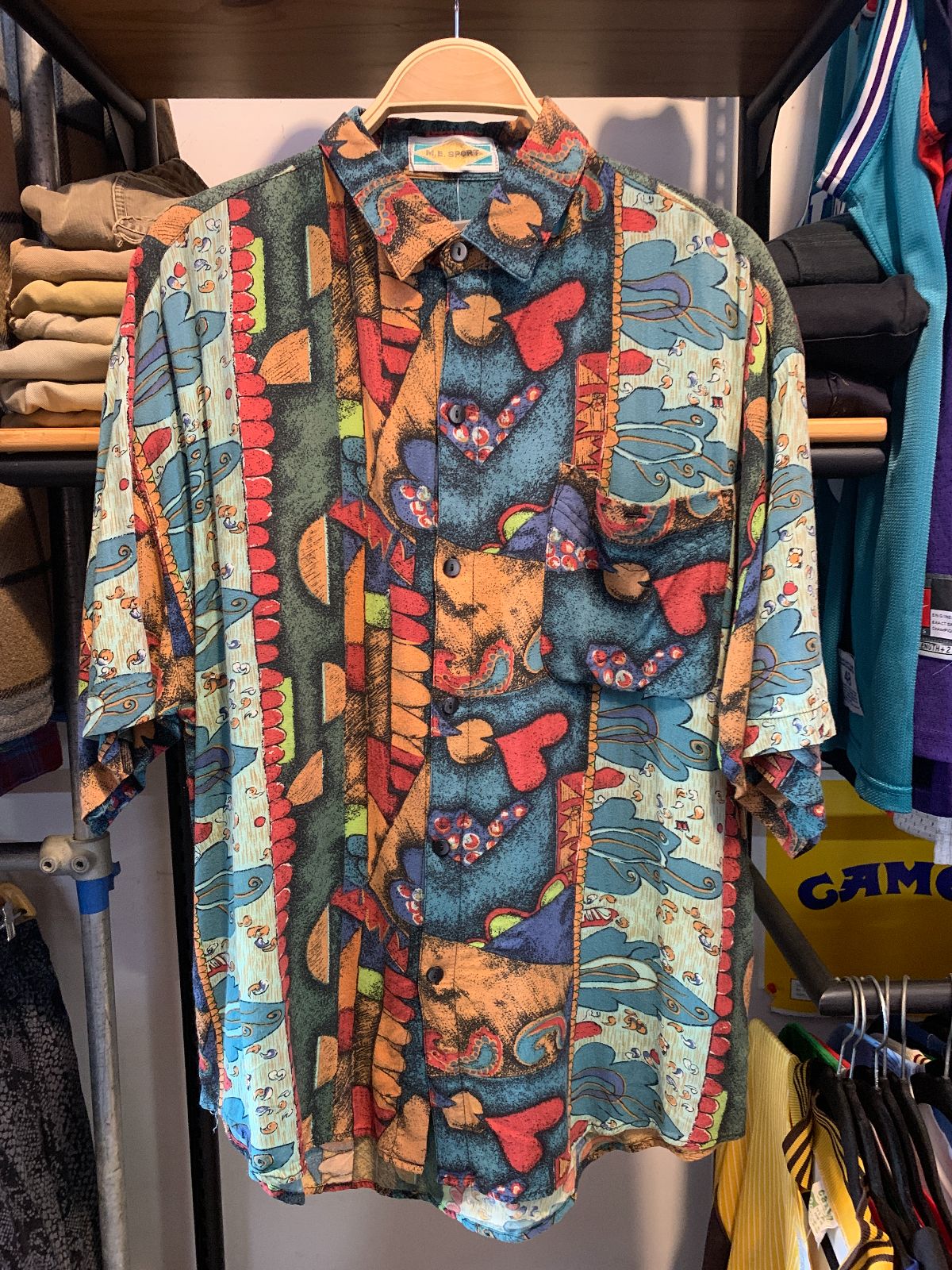 M.E. SPORT 1990S FUNKY PRINT SHORT SLEEVE BUTTON DOWN RAYON SHIRT in BLUE, ORNAGE