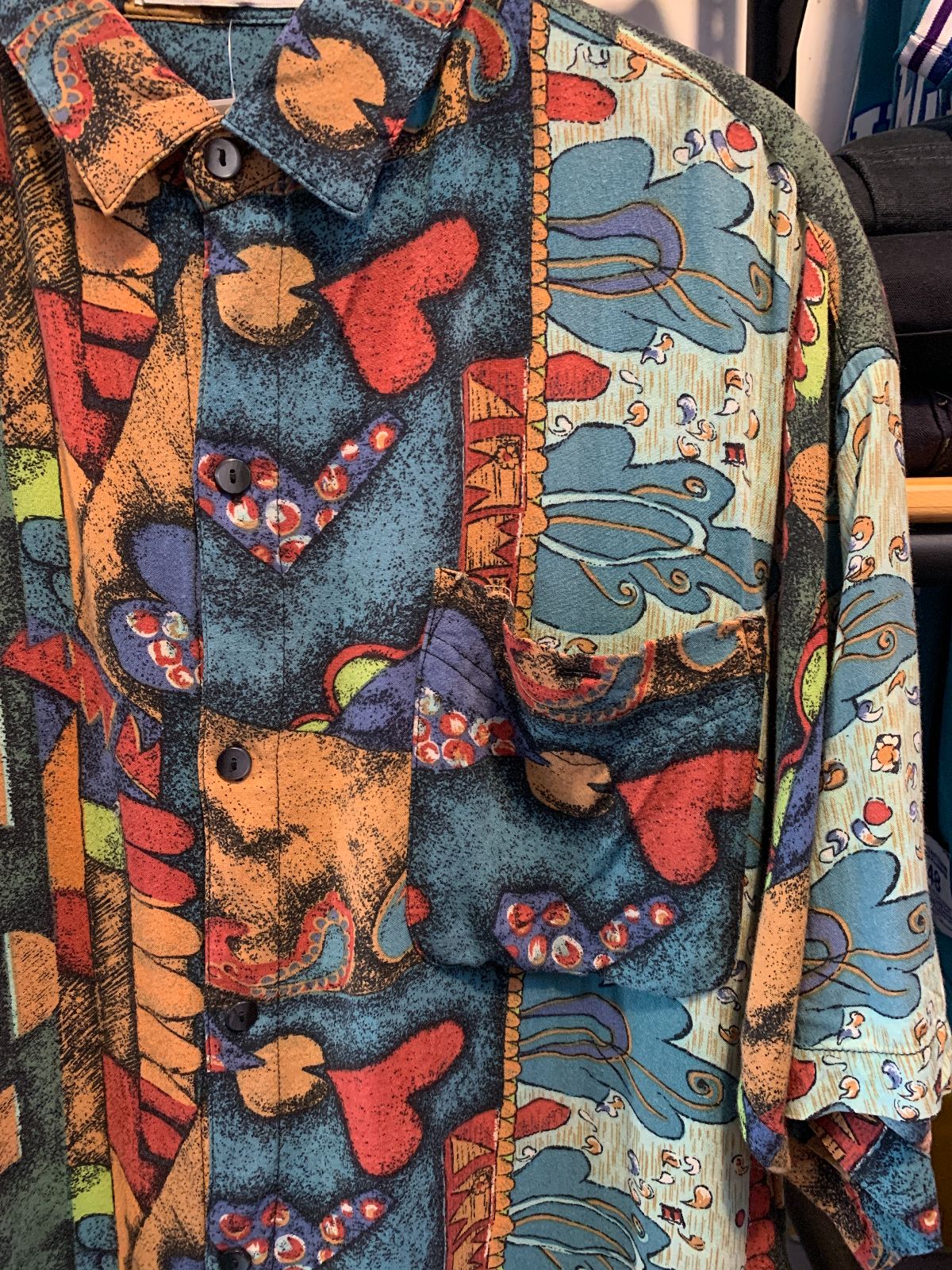 M.E. SPORT 1990S FUNKY PRINT SHORT SLEEVE BUTTON DOWN RAYON SHIRT in BLUE, ORNAGE