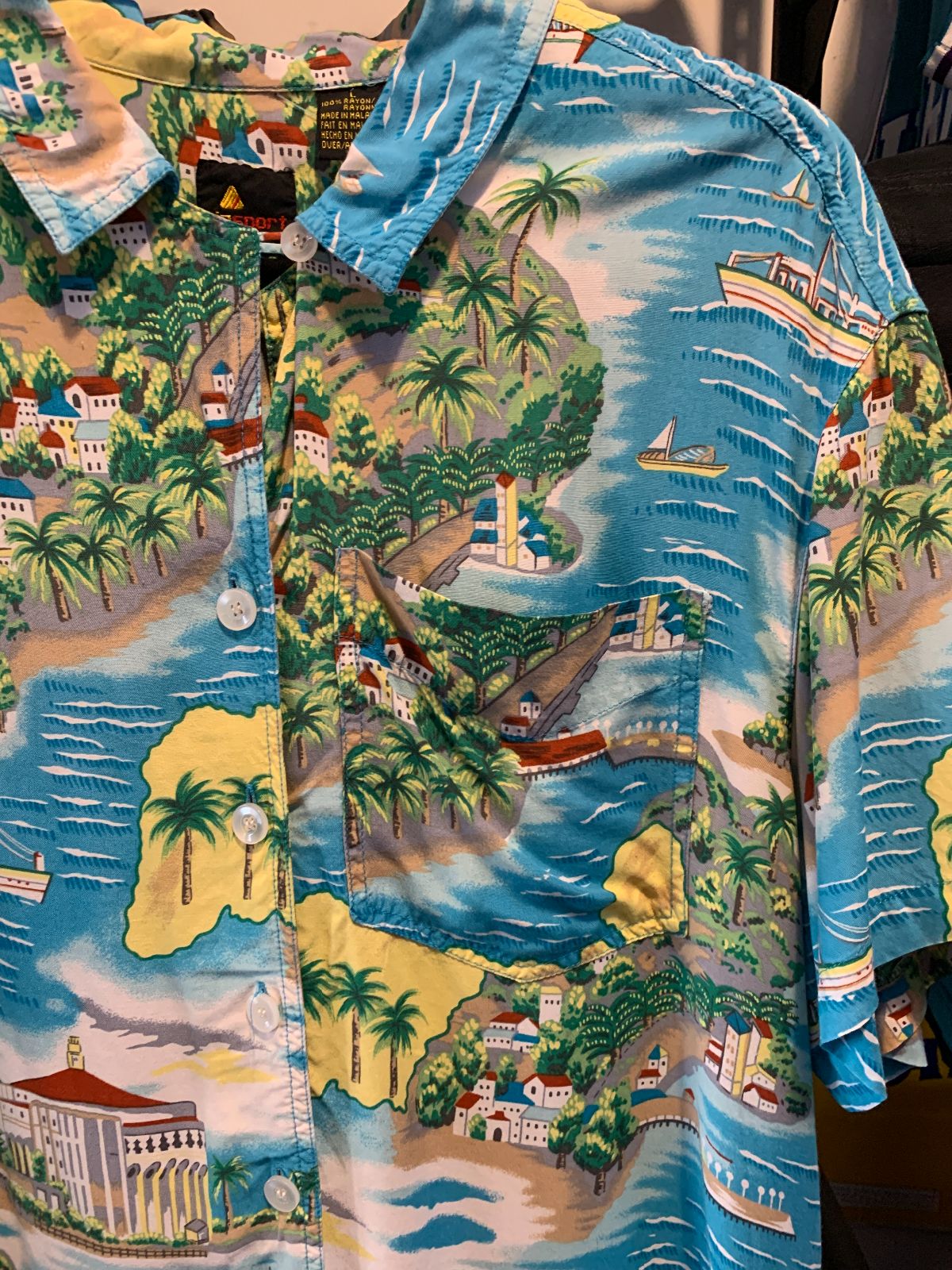 LIZ SPORT 1980S LADIES RAYON SEASIDE VILLAGE PRINT SHIRT in BLUE, YELLOW