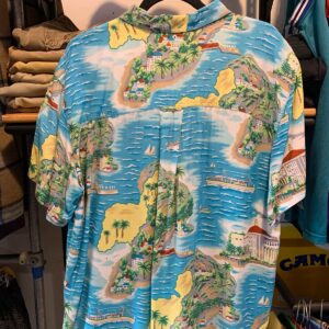 LIZ SPORT 1980S LADIES RAYON SEASIDE VILLAGE PRINT SHIRT in BLUE, YELLOW