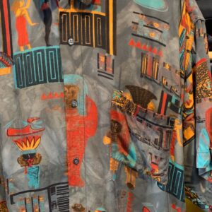 BASAK CREATION MADE IN ITALY! 1990S FUNKY! EGYPTIAN PRINT SLINKY RAYON BUTTON DOWN SHIRT in GREY, ORANGE