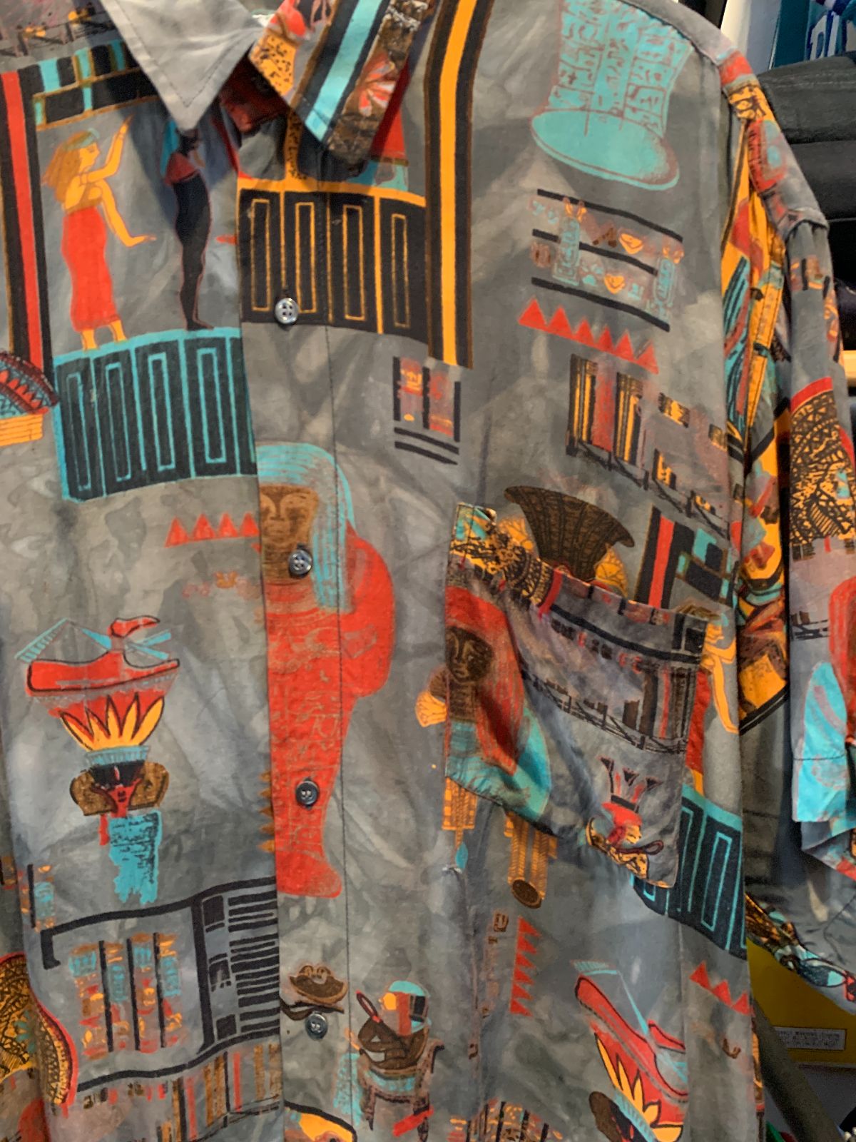 BASAK CREATION MADE IN ITALY! 1990S FUNKY! EGYPTIAN PRINT SLINKY RAYON BUTTON DOWN SHIRT in GREY, ORANGE