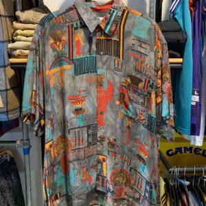 BASAK CREATION MADE IN ITALY! 1990S FUNKY! EGYPTIAN PRINT SLINKY RAYON BUTTON DOWN SHIRT in GREY, ORANGE