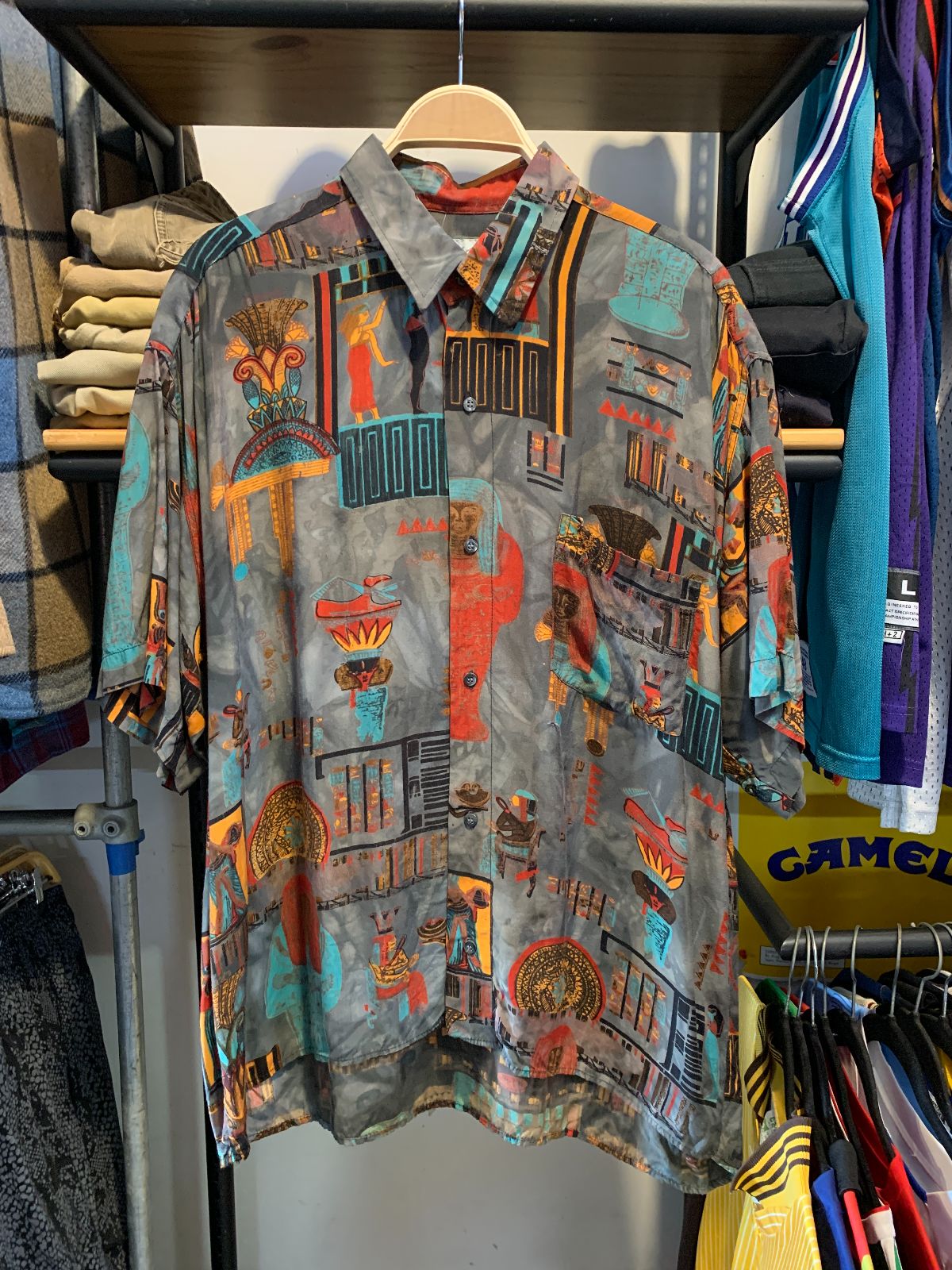 BASAK CREATION MADE IN ITALY! 1990S FUNKY! EGYPTIAN PRINT SLINKY RAYON BUTTON DOWN SHIRT in GREY, ORANGE