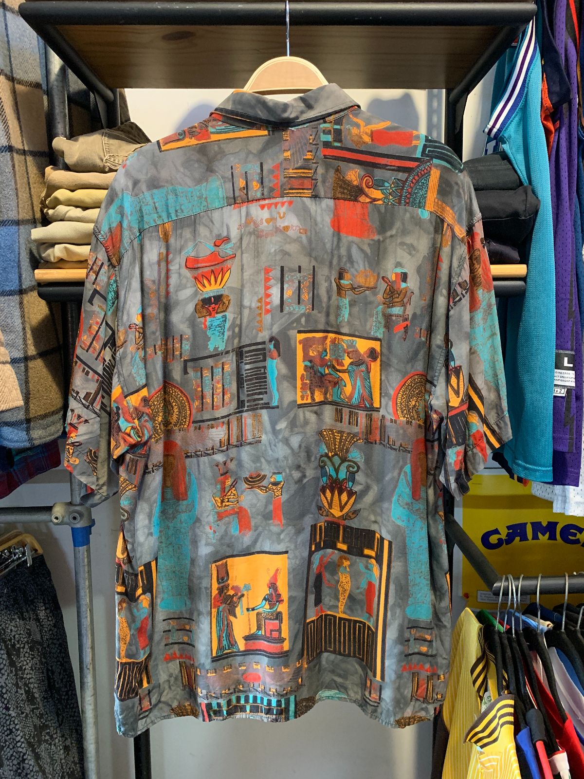 BASAK CREATION MADE IN ITALY! 1990S FUNKY! EGYPTIAN PRINT SLINKY RAYON BUTTON DOWN SHIRT in GREY, ORANGE