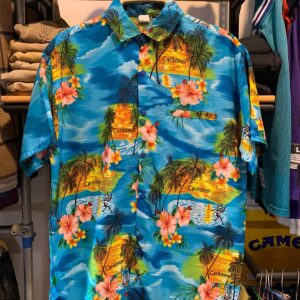 RETRO SILKY TROPICAL PRINT CARIBBEAN TOURIST HAWAIIAN SHIRT in BLUE, YELOW