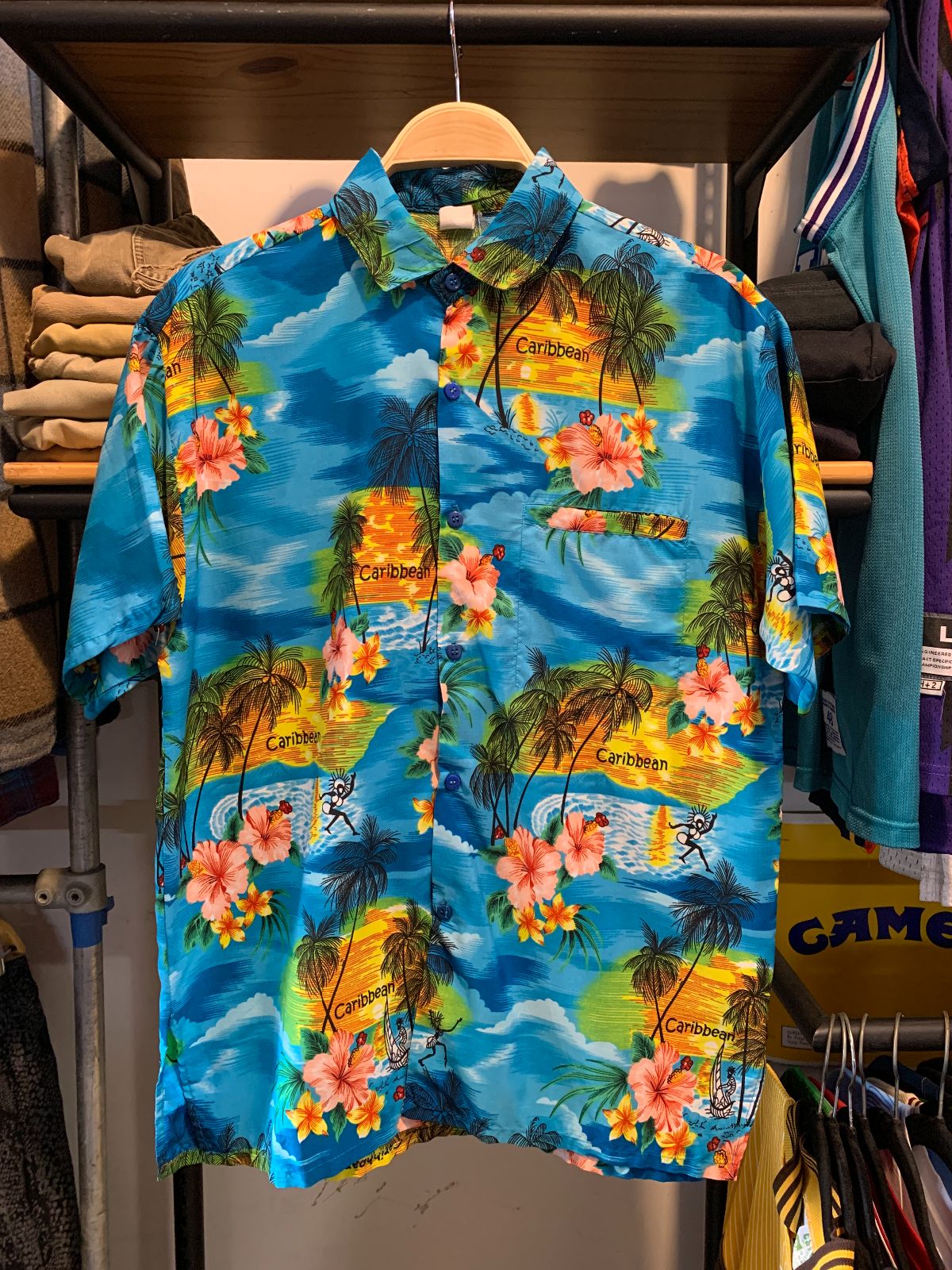 RETRO SILKY TROPICAL PRINT CARIBBEAN TOURIST HAWAIIAN SHIRT in BLUE, YELOW