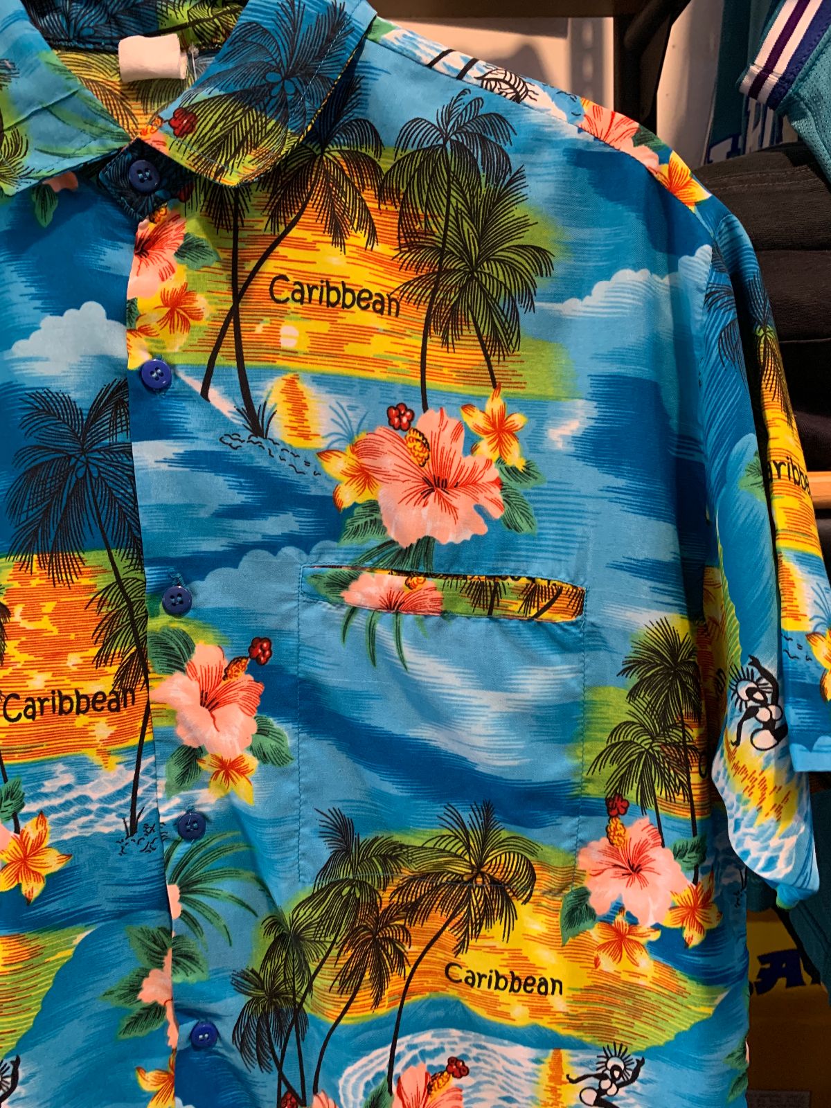 RETRO SILKY TROPICAL PRINT CARIBBEAN TOURIST HAWAIIAN SHIRT in BLUE, YELOW