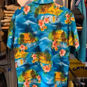RETRO SILKY TROPICAL PRINT CARIBBEAN TOURIST HAWAIIAN SHIRT in BLUE, YELOW