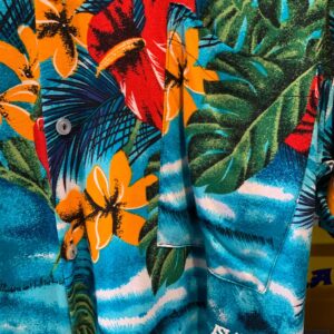 SOUVENIR KING MENS BRIGHT! SLINKY HAWAIIAN PRINT SHIRT - TRINIDAD in BLUE, RED