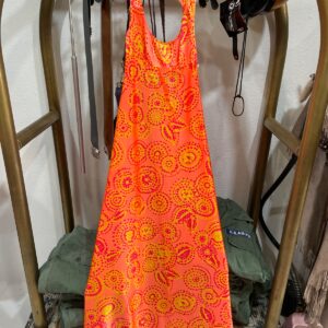 INSANE! 1960S NEON PSYCHEDELIC PRINT NYLON MAXI DRESS, KEYHOLE OPEN BACK in ORANGE, YELLOW, PINK