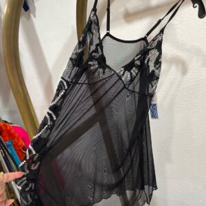 BLACK SHEER LINGERIE NIGHTGOWN CAMI EMBROIDERED DETAILS in BLACK, WHITE