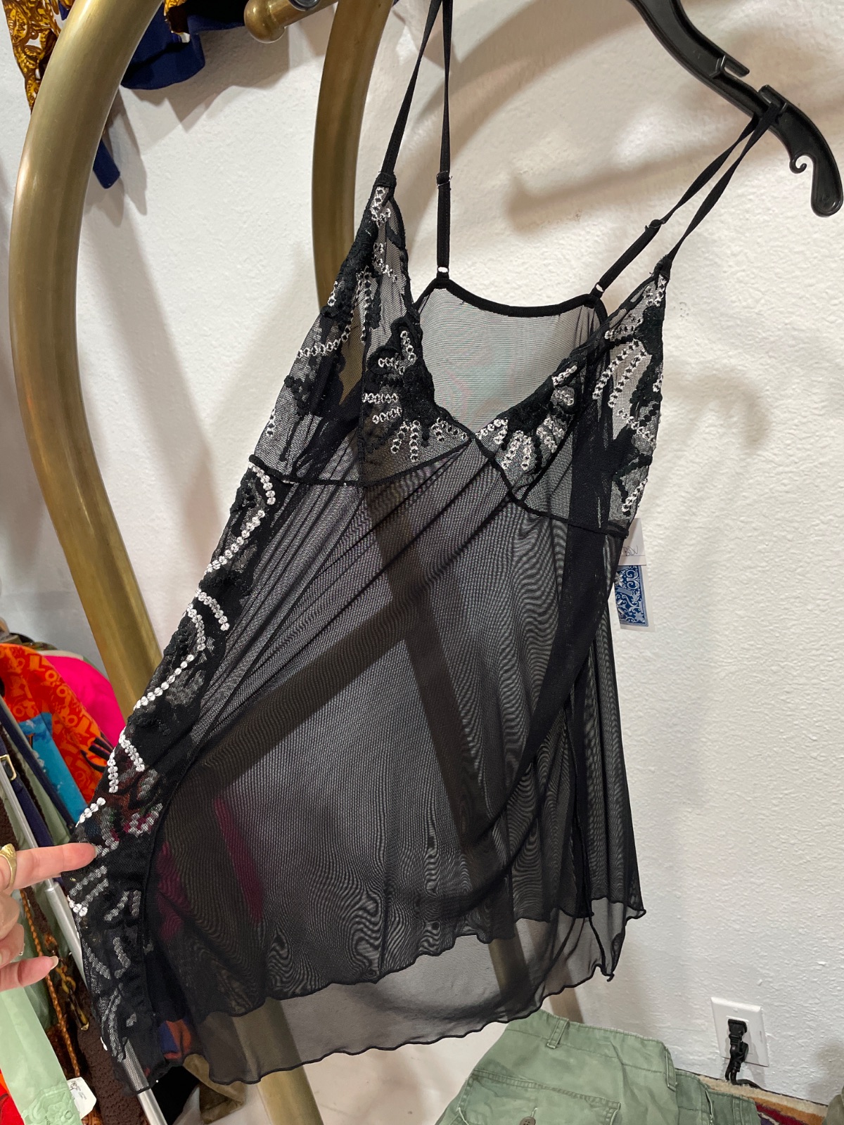 BLACK SHEER LINGERIE NIGHTGOWN CAMI EMBROIDERED DETAILS in BLACK, WHITE