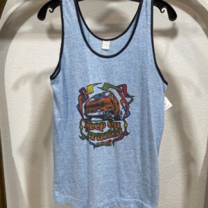 *AS-IS* VINTAGE 1970S KEEP ON TRUCKIN GRAPHIC RINGER TANK TOP in BLUE, ORANGE, BLACK