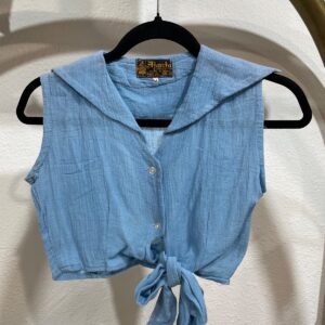 AJANTA SO CUTE! 1970S SLEEVELESS INDIAN COTTON TIE FRONT TOP in BLUE