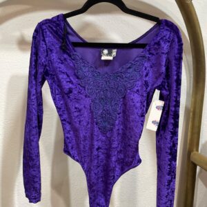 IN CHARGE *AS-IS* 1980S SUPER HIGH CUT CRUSHED VELVET LONG SLEEVE BODYSUIT EMBROIDERED FRONT DETAIL in PURPLE