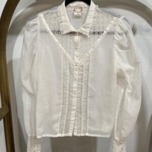 JESSICA'S GUNNIES SHEER LONG SLEEVE PRAIRIE STYLE BLOUSE LACE PANEL, PEARL BUTTONS in WHITE