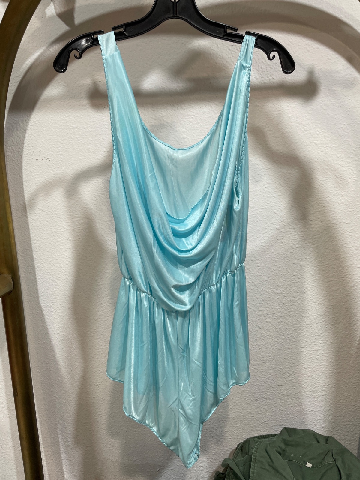 AS-IS LIGHT BLUE SATIN DRAPED ASYMMETRICAL TOP in BLUE