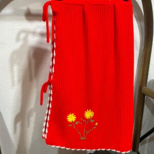 ADORABLE! BRIGHT! 1960S-70S KNIT SKIRT YELLOW FLOWER EMBROIDERY AND SIDE TIES in RED, YELLOW, WHITE