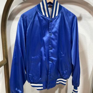 RETRO BLUE SATIN BOMBER JACKET WITH STRIPED RIBBED COLLAR AND CUFFS in BLUE, WHITE