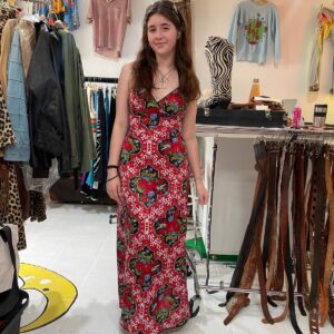 RED FLORAL PRINT MAXI DRESS WITH V-NECK in RED, BLACK, GREEN