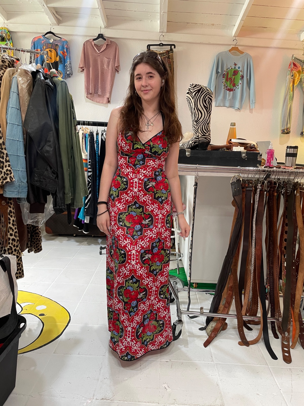 RED FLORAL PRINT MAXI DRESS WITH V-NECK in RED, BLACK, GREEN